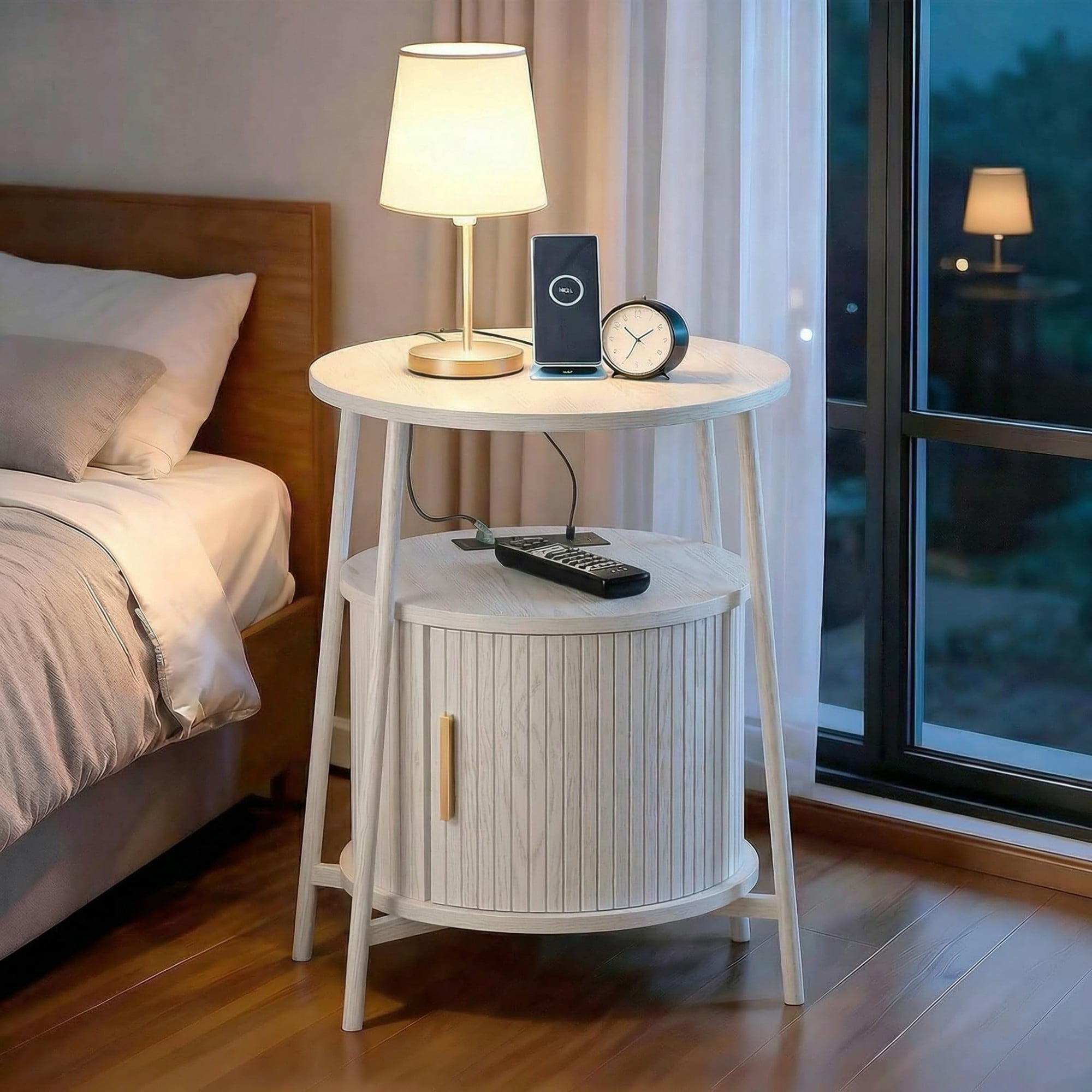 Round End Table with Charging Station, Fluted Side Table with Sliding Door, Mid Century Modern Nightstand for Bedroom & Living Room, White