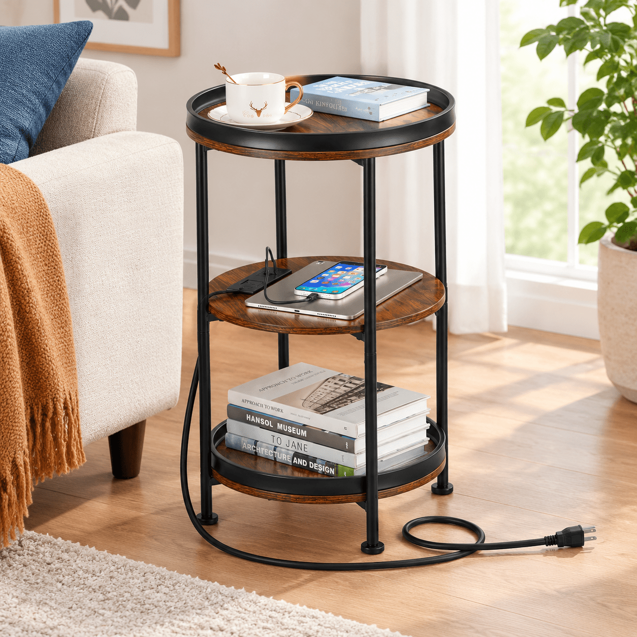 Compact Outlets For Kitchen Round End Table with Charging Station, Rustic Brown With Outlets, Small ...