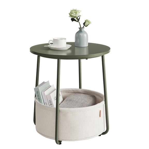 Round End Table with Fabric Basket, Forest Green & Cream White