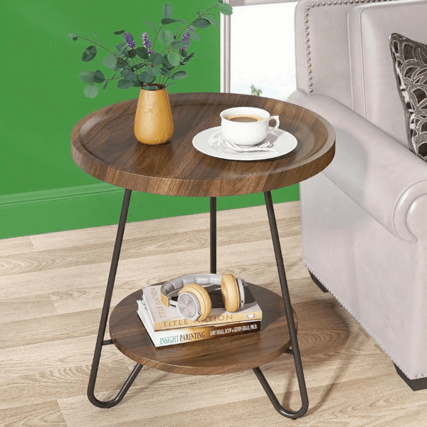 Round End Table with Lower Shelf, 20 inch Industrial Side Table for Living Room, Bedroom - Light & Dark Color Options, 70lbs Capacity