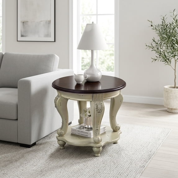 Round End Table with Lower Shelf - Beige and Espresso Two-Tone Finish
