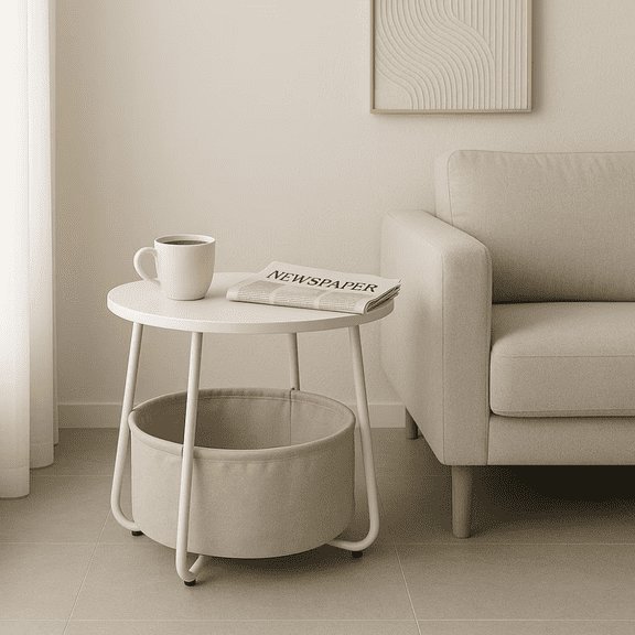 Round End Table with Storage Basket, Accent Table for Reading Nook, White (Shipment from Walmart)