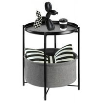 Round End Table with Storage Basket and Removable Tray Top Modern Metal Side Table Nightstand Living Room Bedroom 20.47"H - Black