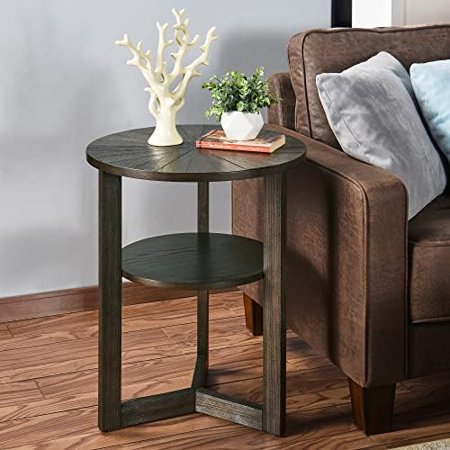 Round End Table with Storage, Farmhouse End Table for Living Room, Wood 2-Tier Circle Side Table Nightstand, Rustic Black 19.3" D x 24" H, BZ-3338-BK