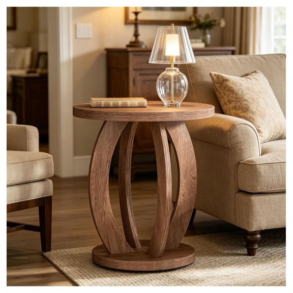 Round End Table with Storage - Small Accent Side Table for Living Room & Bedroom - Compact Farmhouse Decor - Rustic Nightstand with Shelf