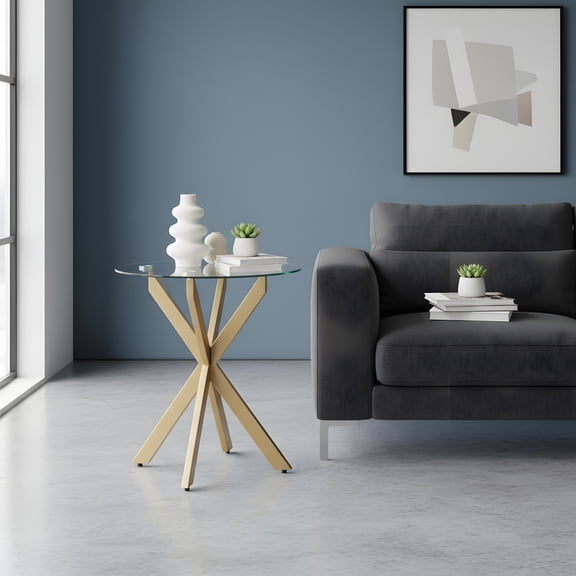 Round End Table with Tempered Glass Top - Modern Gold Side Table
