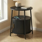 Round End Tables with Drawer Fluted Side Table with Charging Station, Mid-Century Modern Nightstand with Sliding Door for Small Space Storage, Living Room, Bedroom
