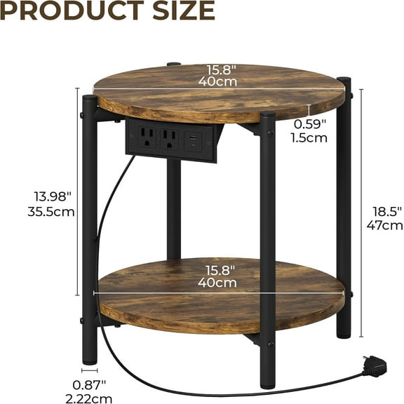 Round End Tables, Set of 2, 16" W Small Round Side Tables with Charging Station, 2-Tier Modern Nightstands for Small Spaces, Living Room, Bedroom, Rustic Brown