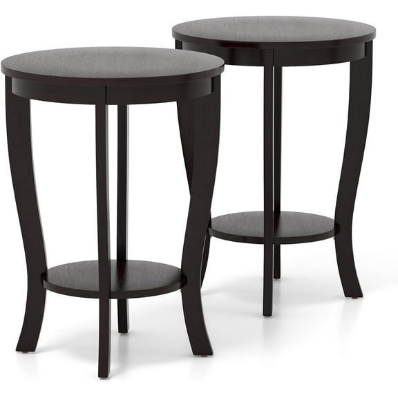 Round End Tables Set of 2, 2 Tier Side Table with Storage Shelf and Solid Wood Legs, 18" x 18" Accent Table for Corner Small Spaces, Compact Night Stand for Living Room Bedroom, Espresso