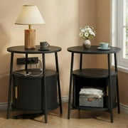 Round End Tables Set of 2 Fluted Side Table with Drawer & Charging Station, Mid-Century Modern Nightstand with Sliding Door for Small Space Storage, Living Room, Bedroom