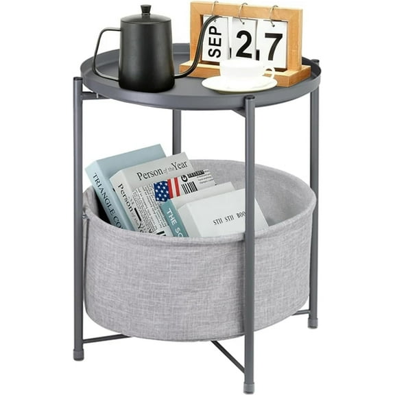 Round End Tables with Storage Basket, Metal Side Table Nightstand Small Bedside Table, Grey