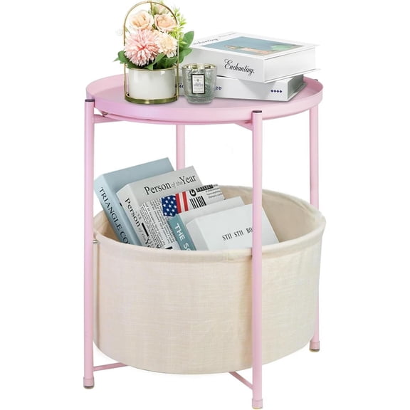 Round End Tables with Storage Basket, Metal Side Table Nightstand Small Bedside Table, Pink