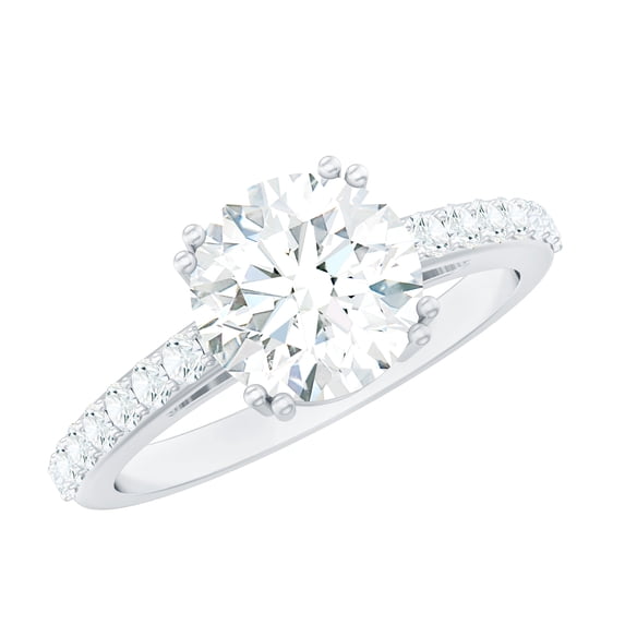 Rosec Jewels Moissanite Round Engagement Ring 2 Carat - 8 mm - D-VS1 Quality Certified Moissanite Ring for Women, 14K White Gold, US 4.00