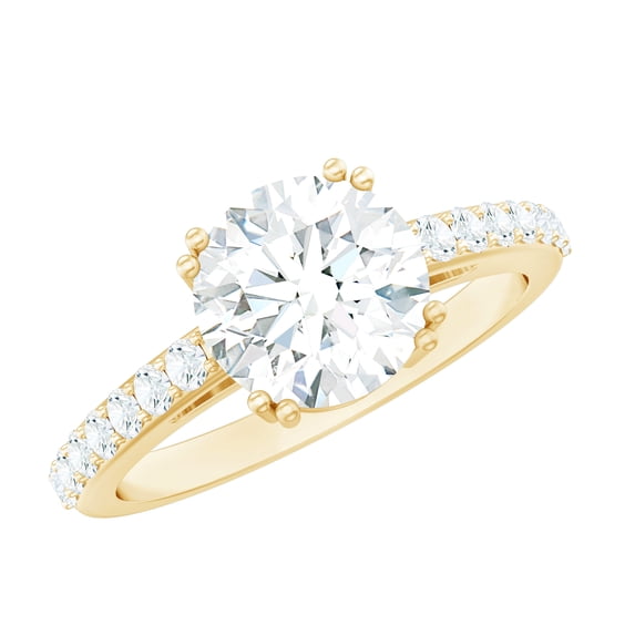 Rosec Jewels Moissanite Round Engagement Ring 2 Carat - 8 mm - D-VS1 Quality Certified Moissanite Ring for Women, 14K Yellow Gold, US 11.00