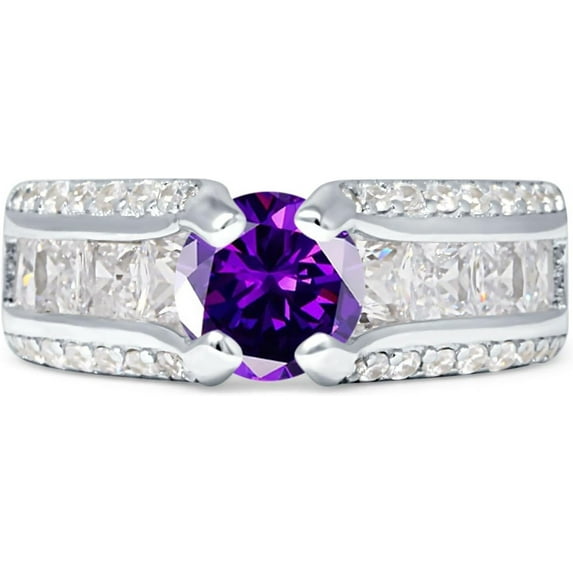 Round Engagement Ring Amethyst Cubic Zirconia White Tone 925 Sterling Silver, Size 8