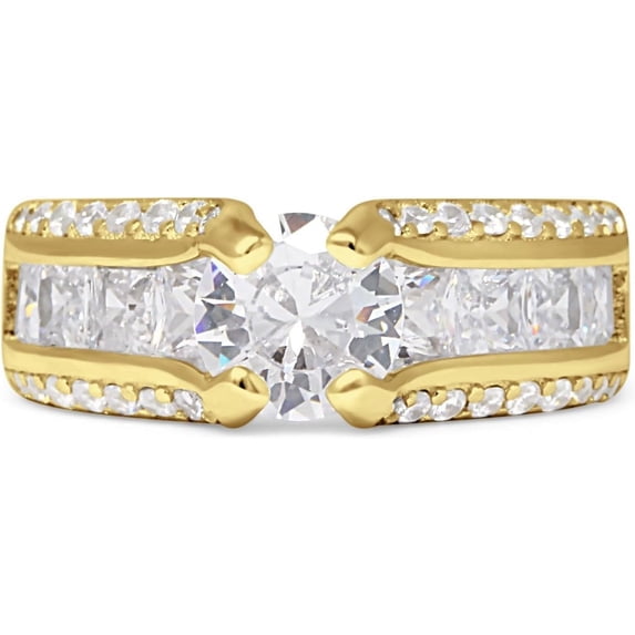 Round Engagement Ring Cubic Zirconia Yellow Tone 925 Sterling Silver, Size 10