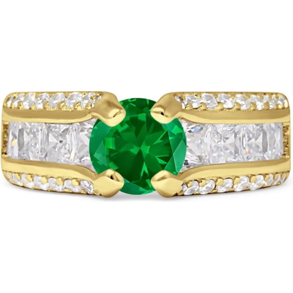 Round Engagement Ring Green Emerald Cubic Zirconia Yellow Tone 925 Sterling Silver, Size 10