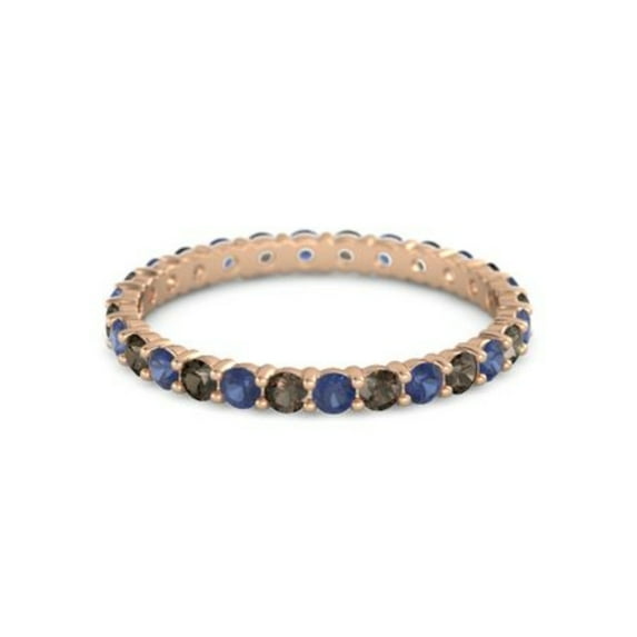 Round Eternity Blue Sapphire Smoky Quartz 925 Sterling Silver Rose Plated Ring