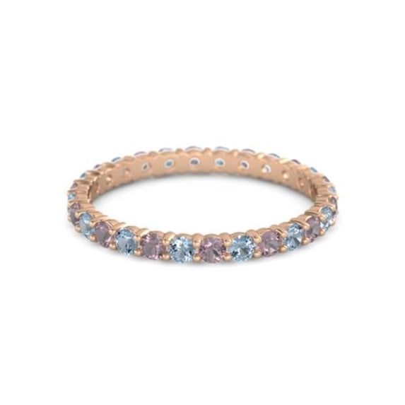 Round Eternity Rhodolite Garnet Blue Topaz 925 Sterling Silver Rose Plated Ring