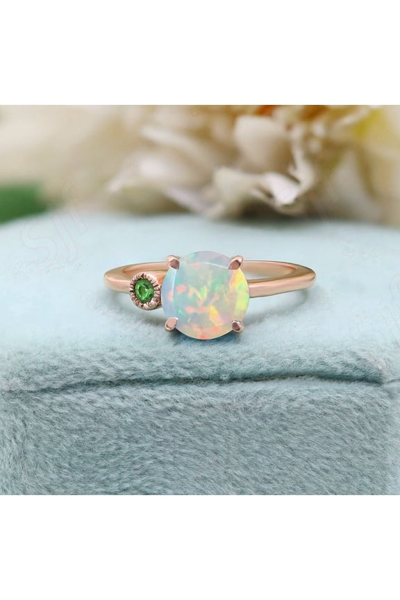 Round Ethiopian Opal Gemstone 14K Rose Gold Plated 925 Silver Engagement Wedding Bridal Ring For Her Anniversary Promise Women Love Gift
