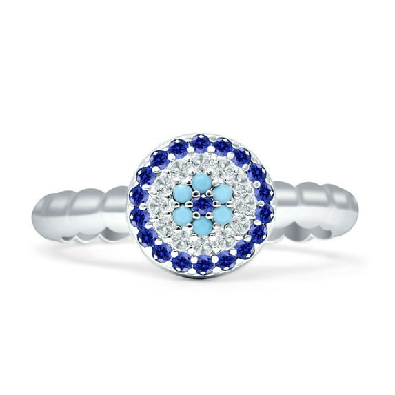 Round Evil Eye Blue CZ & Cubic Zirconia Beaded Ring 925 Sterling Silver Size 6