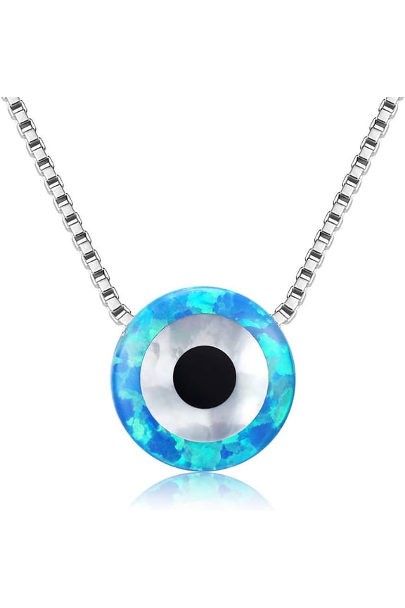 Round Evil Eye Necklace Sterling Silver 925 Blue Synthetic Opal Pendant Adjustable Chain 16"+2" Extender[Z3175]