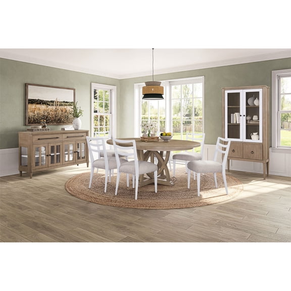 Round Expandable Table with Removable Leaf & 4 White Ladderback Chairs / Ideal for Home Dining and Display