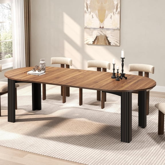 Round Extendable Dining Table for 4-8 People, 43"-78" Wooden Oval Dining Room Table with Leaf Extension, Farmhouse Expandable Kitchen Table for Apartment, Living Room, Walnut Black