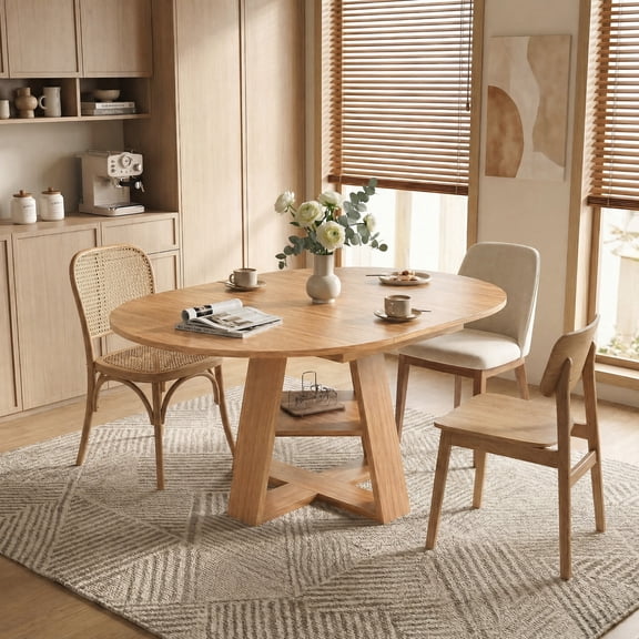 Round Extendable Dining Table 4-8 Person, 43.3" to 59" Expandable Kitchen Table with Storage Shelf, Silent Rails, Scratch & Water Resistant