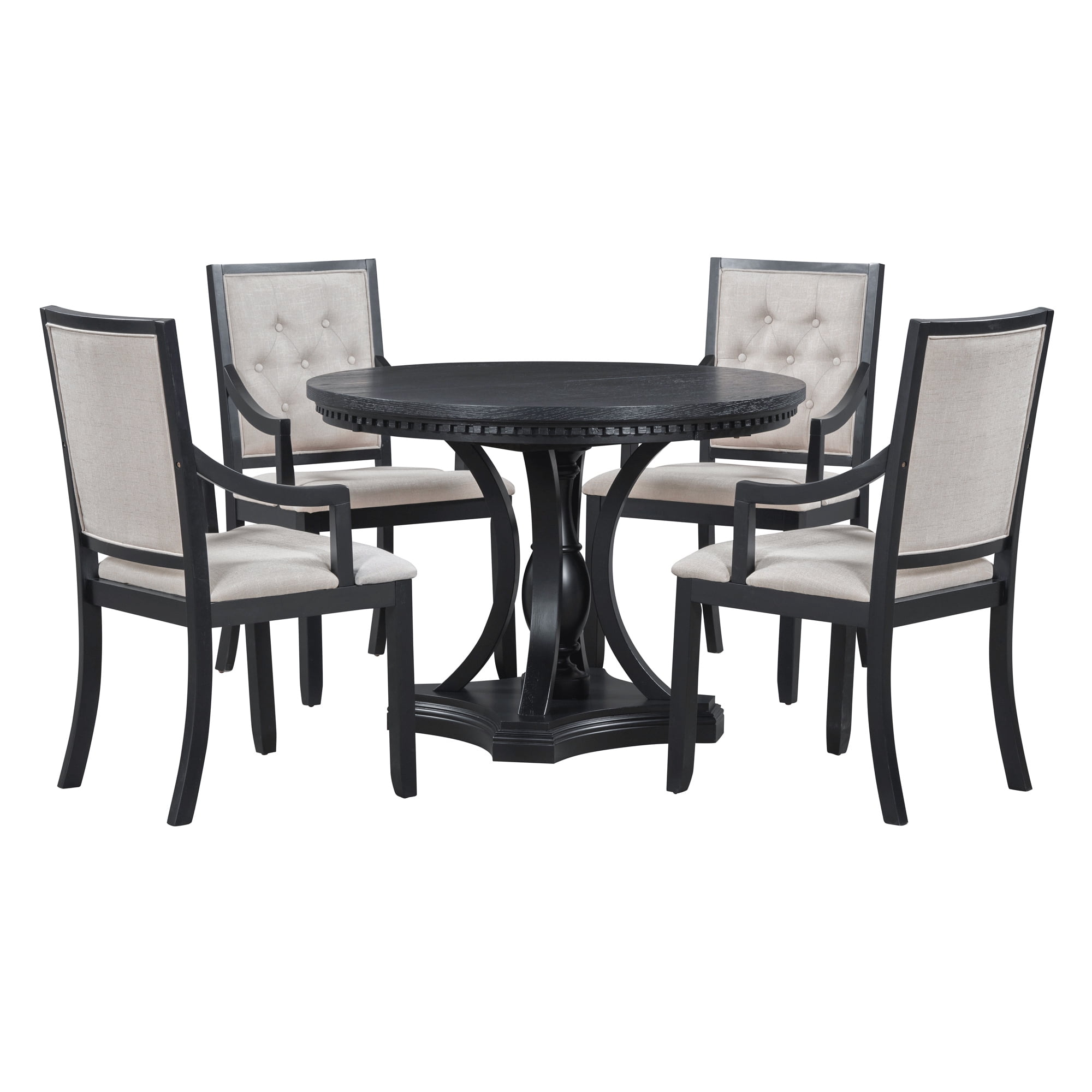 5 Piece Extendable Dining Set, Round Wood Table with 4 Upholstered ...