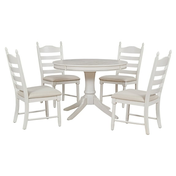 Round Extendable Dining Table Set, 5 Piece Dining Set with 4 Upholstered Chair and Drop Leaf, Wooden Round Table Set with Stable Base for Farmhouse Kitchen Dining Room Decor
