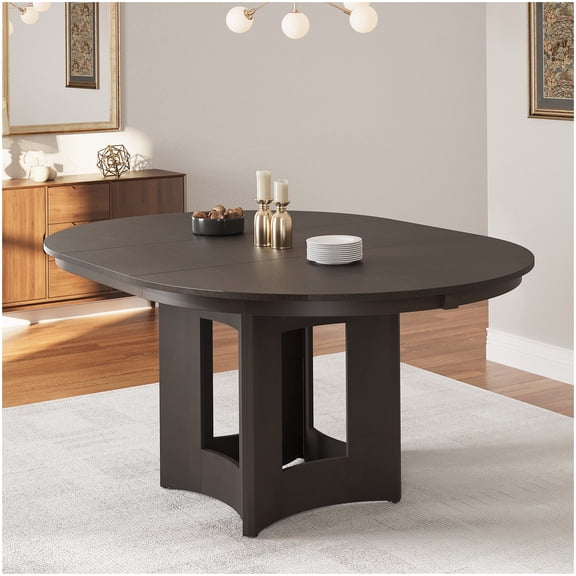 Round Extendable Dining Table for Small Spaces, 16" Leaf, Espresso Farmhouse Pedestal Design