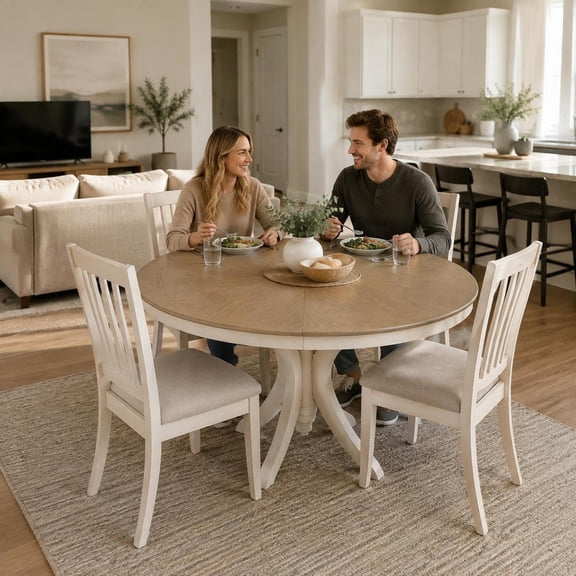 Round Extendable Dining Table, with 16 Inch Leaf, Farmhouse Wood Kitchen Table, X-Shaped Base, Oak Natural Wood and Antique White, Trexm