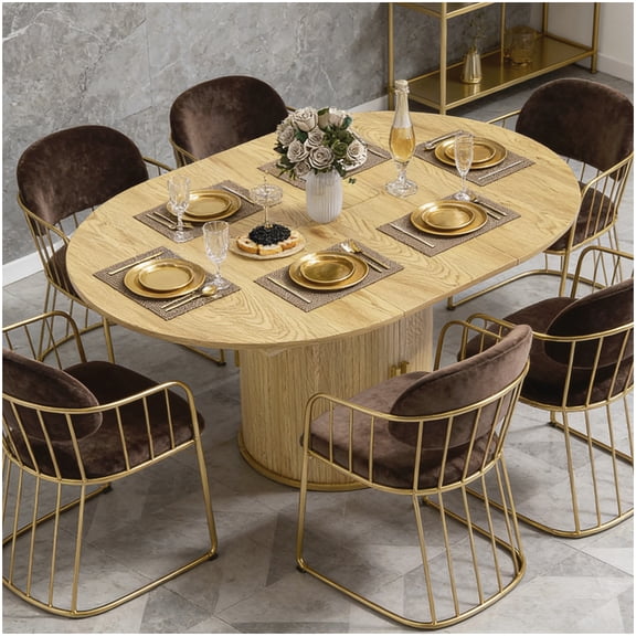 Round Extendable Table with Storage Compartments, Expandable Farmhouse Dining Table for 6