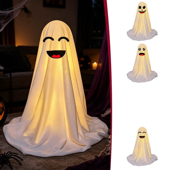 Round Eye Fangs Fabric Ghost Ornament, White Cloth Standing Prop with Hidden Support, Halloween Porch Tabletop Decor for Family Party, Gentle Warm, Lazyguy