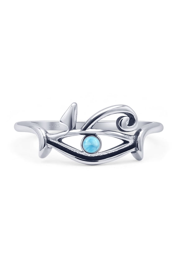 Eye Of Horus Larimar Vintage Oxidized Round Ring 925 Sterling Silver Size 5