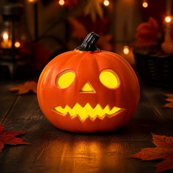 Round Eyed Jack O Lantern Pumpkin, Jagged Grin Pumpkin LED Light, Halloween Pumpkin Figurine for Mantel Table Covered Porch Indoor Fall Seasonal Home Decor