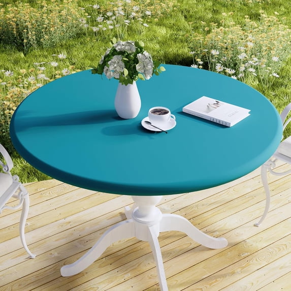 Round Fabric Fitted Tablecloth, Elastic Waterproof Oil Proof Table Cloth, Washable Polyester Table Cover Fits 36"-44" Round Tables for Outdoor Picnic Dinner, Teal