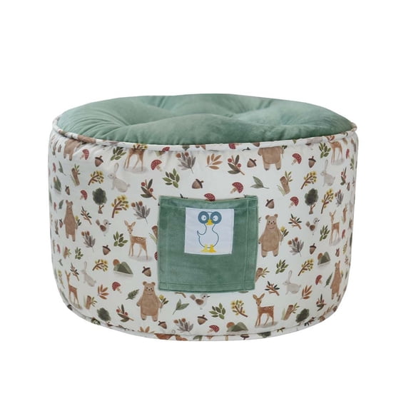 Round Fabric Ottoman with Forest Animal Print in Cedar Sage
