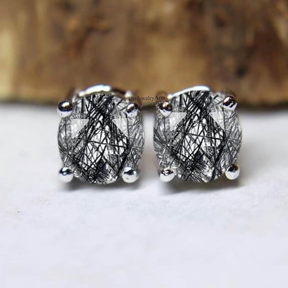 Round Faceted Black Rutilated Quartz Stud Earrings Quartz Crystal Gemstone Jewelry Elegant and Unique Minimalist Studs for Everyday Wear Gold Vermeil 8 MM