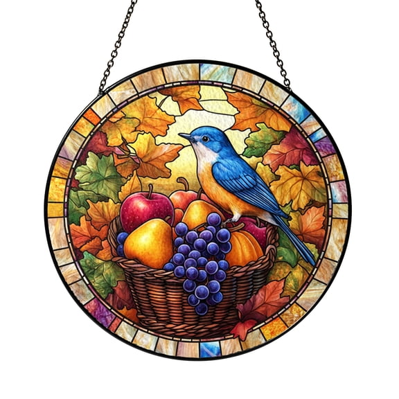 Round Fall Bird Glass Window Decor, Autumn Fruit and Nature Scene Hanging Light Catcher Art for Home Window Styling