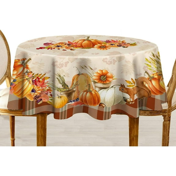 Round Fall Tablecloth with Countryside Leaves and Pumpkins Decorations,Printed Thanksgiving Tablecloth for Harvest,Holiday and Parties Table Cover,60 Inch