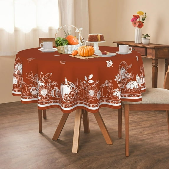 Round Fall Tablecloth,Orange Thanksgiving Autumn Harvest Pumpkin Sunflower Maple Leaf Table Cloth,Polyester Waterproof Wrinkle Resistant Durable Tablecloth for Fall,Thanksgiving,Home Decor