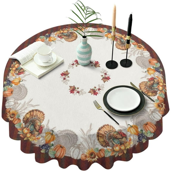 Round Fall Tablecloth, Pumpkins Table Cloth Round 60 Inch and Table Cover for Fall Picnic, Family Gatherings and Thanksgiving Party, Thanksgiving Decorations Pumpkin and Turkey
