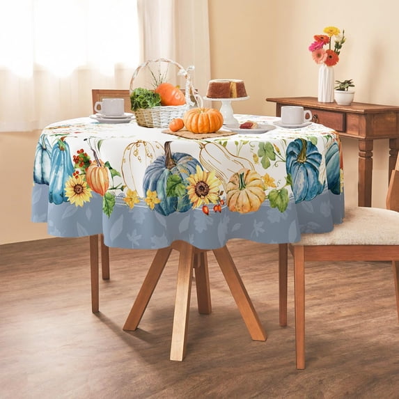 Round Fall Tablecloth,Thanksgiving Autumn Harvest Blue Pumpkin Sunflower Maple Leaf Table cloth,Polyester Waterproof Wrinkle Resistant Durable Tablecloth for Fall,Thanksgiving,Home Decor 60x60inch
