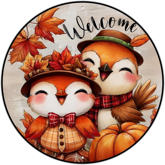 Round Fall Welcome Pumpkins Wreath Sign Thanksgiving Pumpkin Metal Tin Sign for Home Livingroom Coffee Bar Farmhouse Idyllic Wall Art Decor 8x8inch