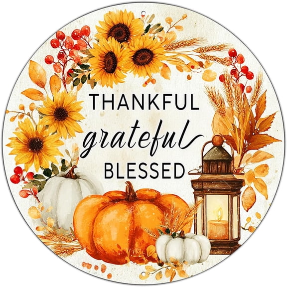 Round Fall Welcome Pumpkins Wreath Sign Thanksgiving Pumpkin Metal Tin Sign for Home Livingroom Coffee Bar Farmhouse Idyllic Wall Art Decor 8x8inch