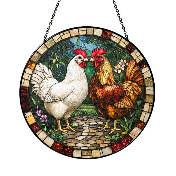 Round Farm Chicken Stained Glass Style Suncatcher, Rustic Rooster Decorative Window Hanging Art Panel