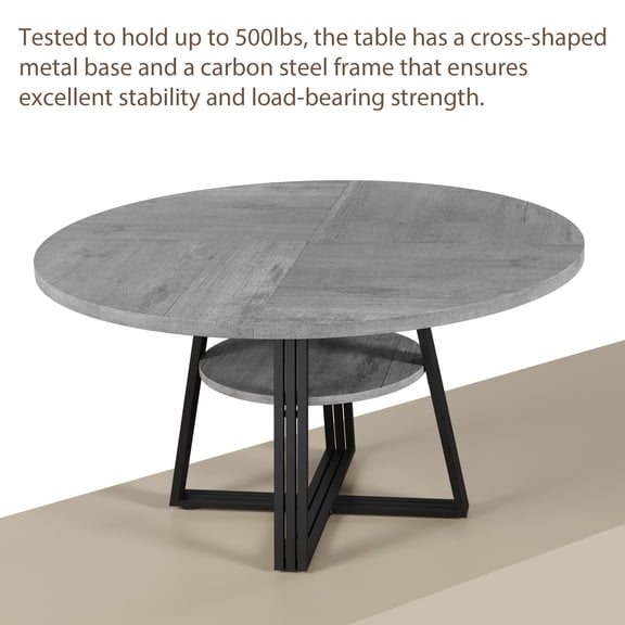 Round Farmhouse Dining Table 47" with Built-In Storage Shelf, Modern Metal Pedestal Base Kitchen Table for 4–6 People, Space-Saving Accent Table for Apartment, Dining Room – Gray