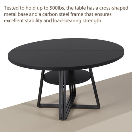 Round Farmhouse Dining Table 47" with Built-In Storage Shelf, Modern Metal Pedestal Base Kitchen Table for 4–6 People, Space-Saving Accent Table for Apartment, Dining Room – Black